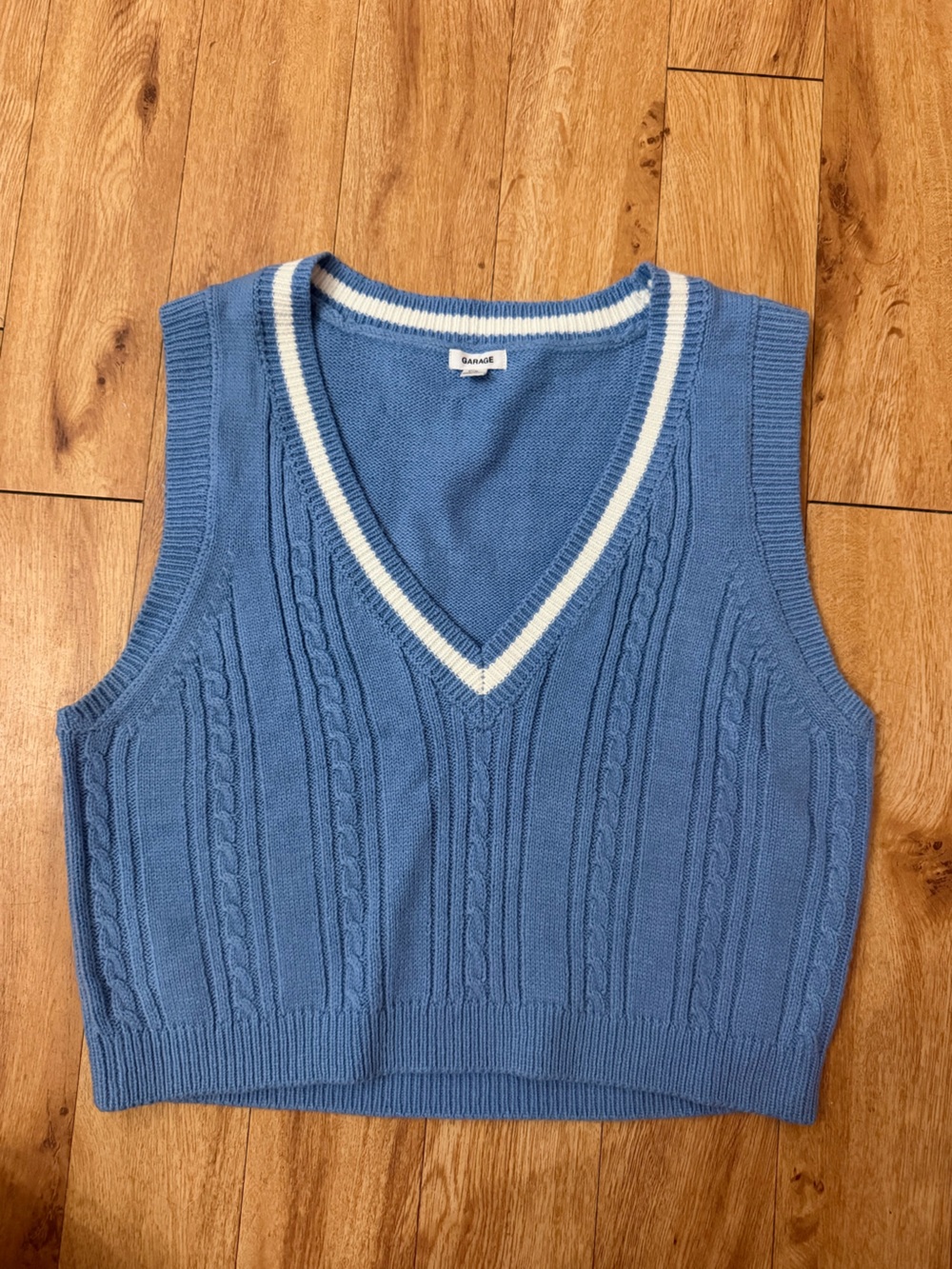 Garage Blue Cable-Knit V-Neck Sweater Vest with White Trim